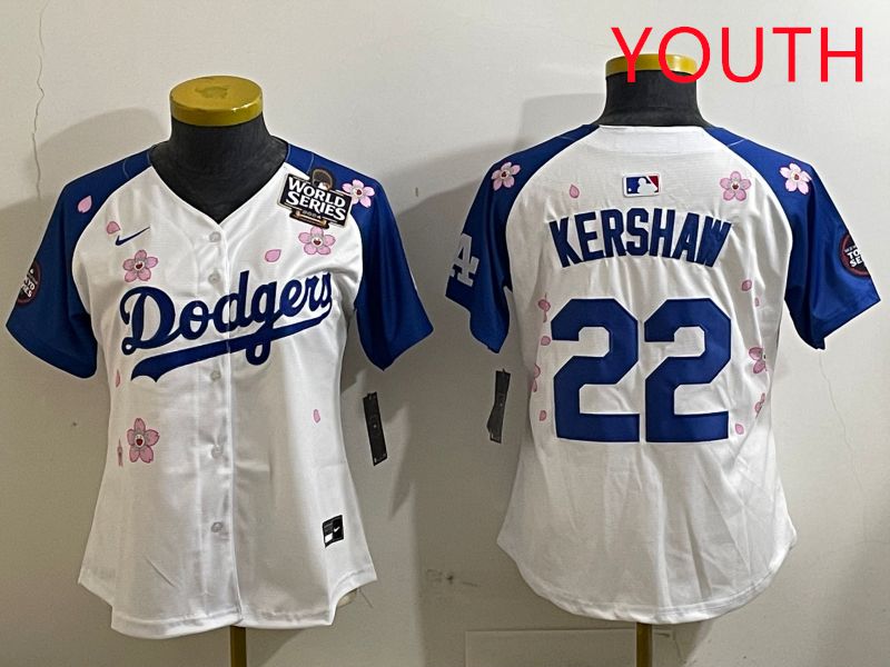Youth Los Angeles Dodgers #22 Kershaw White Blue Sakura Edition 2025 Nike MLB Jersey style 6->youth mlb jersey->Youth Jersey